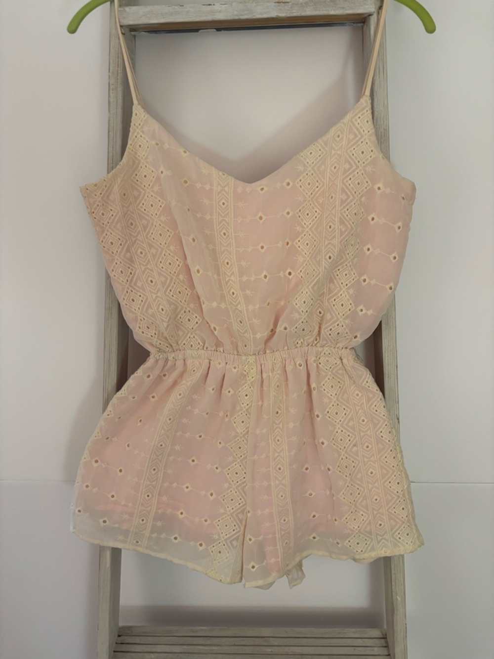 Peach Eyelet Romper, Festival, summer staple, BoHo, feminine, coquette